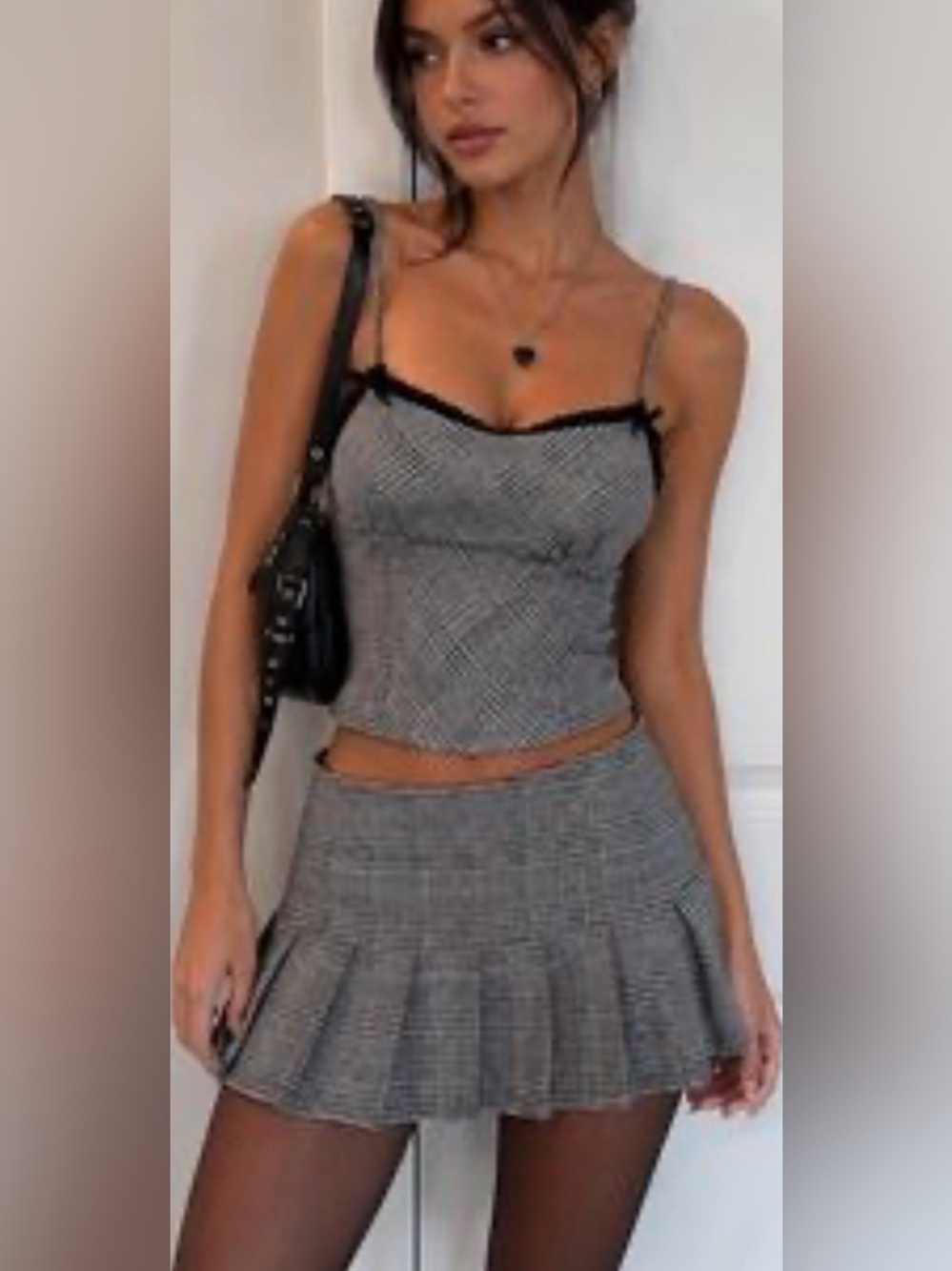 Women's Gray Plaid Two-Piece Skirt Set
